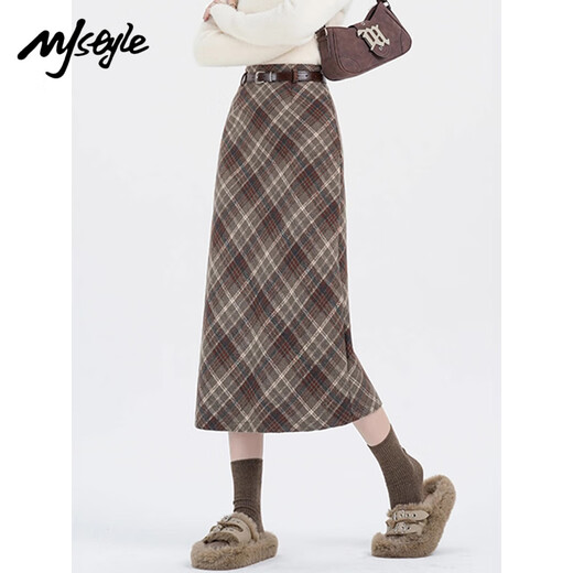 MJ STYLE woolen plaid skirt women's 2025 new spring and autumn high waist slimming slit hip mid-length skirt Khaki L