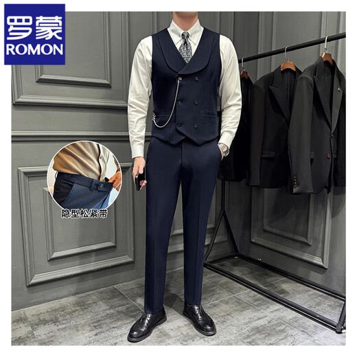 ROMON Autumn and Winter Thick Dark Striped Suit Men's Suit Korean Slim Fit Business Formal Easy-Care Three-piece Suit Burgundy (Single-piece Suit) XL (120-135Jin Jin equals 0.5kg)