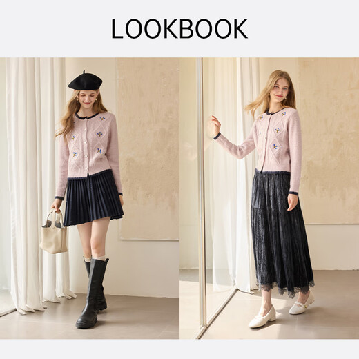 Xiangying Pink Cable Sweater Cardigan Women's 2025 Winter New Round Neck Wool Flower Short Knitted Jacket Gray Pink S 155/80A/85-95Jin Jin equals 0.5 kg