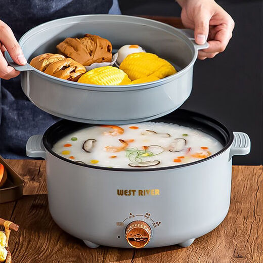 WESTT RIVER exporta a Alemania olla eléctrica totalmente automática, wok eléctrico todo en uno, olla multifuncional para cocinar al vapor, freír y shabu-shabu, olla antiadherente de doble oreja con perilla blanca de 20 cm, viene con una vaporera, apagado inteligente extra grueso de 4,6 litros 丨 24