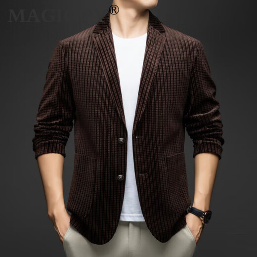 MAGIOPY luxury high-end brand men's waffle corduroy suit men's spring and autumn commuting casual gold velvet suit jacket coffee color 2XL