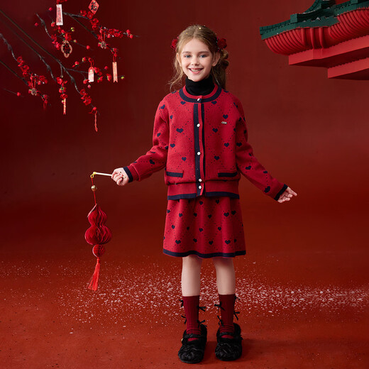 ASK JUNIOR Xiaoxiangfeng children's suit 25 winter warm knitted cardigan sweater for middle and large children, two pieces of short skirt for girls, red 130 ASK JUNIOR Xiaoxiangfeng children's suit 25 winter warm knitted cardigan sweater for middle and large children, two pieces of short skirt for girls, red 130