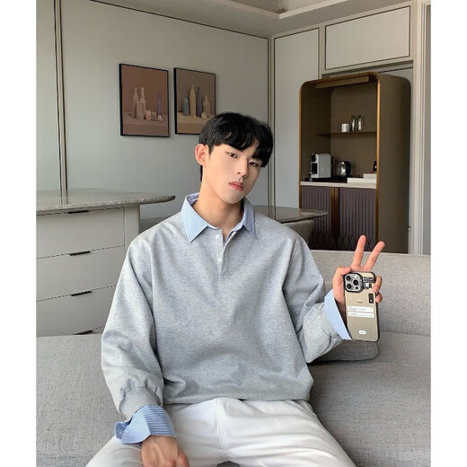 Fake two-piece shirt for men spring and autumn 2025 new layered long-sleeved lapel henley bottoming shirt shirt jacket black regular high quality 3XL recommended 160-180Jin Jin equals 0.5 kg