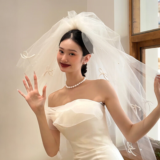 Fan Sheng Yu's veil, white wedding certificate, wedding registration, proposal, fluffy veil, small bow, pearl headdress, photo shoot, forest style princess veil, bow pearl veil - 80cm