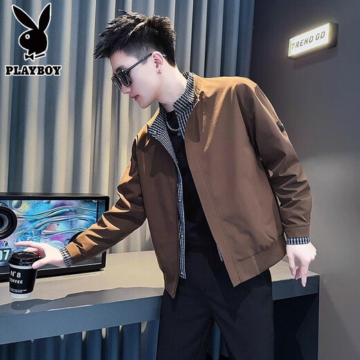 Playboy spring and autumn vacation two-piece jacket men's stand-up collar clothes 2025 new autumn and winter plus velvet men's high-end jacket trendy coffee color 8157-fake two-piece jacket high quality L