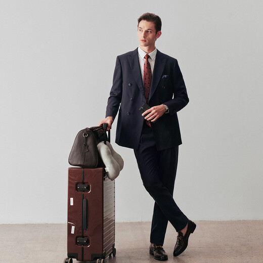 By Creations Herringbone pattern pure wool business suit men's double-breasted formal suit groom's groomsmen's dress navy blue 48 (175/92A)