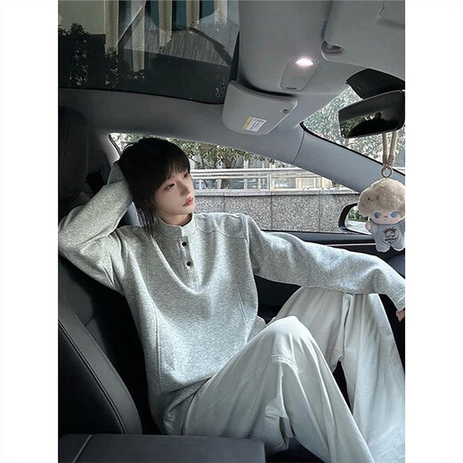 Jufeng black Henry collar American polo sweatshirt men's autumn deconstructed heavyweight long-sleeved t-shirt boxy inner layering shirt black upgraded model M 100-115Jin Jin equals 0.5 kg