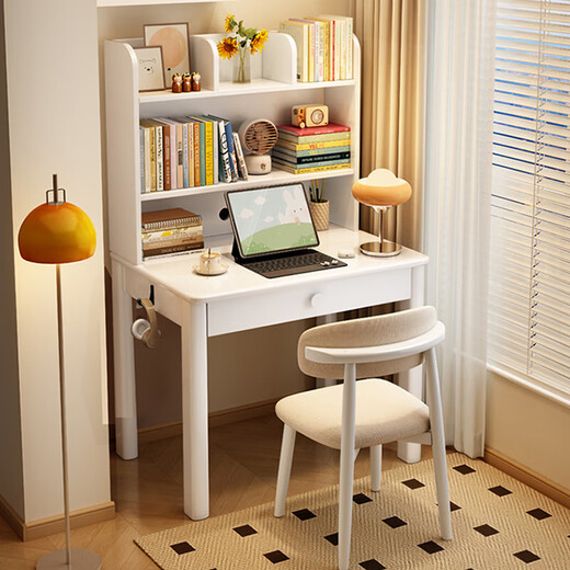 Lin Yisheng solid wood small apartment desk and bookshelf integrated simple children's writing desk bedside computer table for bedroom home walnut color single table with bookshelf length 80*width 60*height 130cm