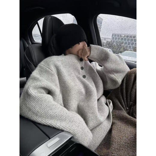 Gray American Retro Henley Collar Sweater Men's Winter Lazy Style Knit Sweater Cleanfit Jacket Gray L