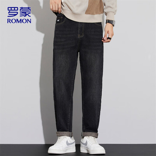ROMON jeans men's elastic pants men's autumn and winter straight casual pants men's slim trousers black 32