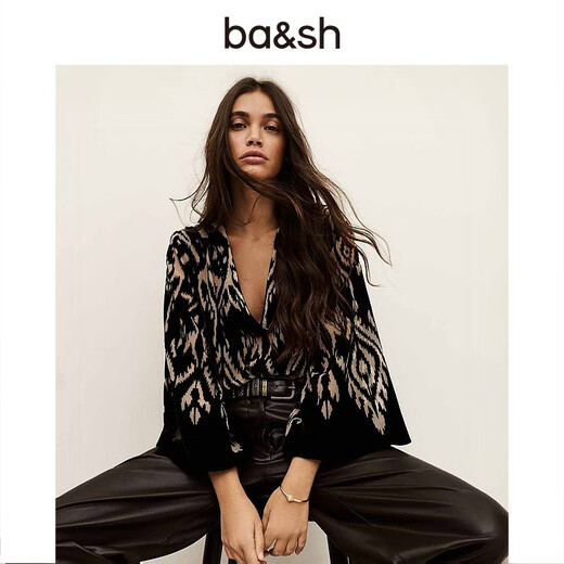 Ba&shbash2025 new autumn French velvet jacquard temperament women's shirt V-neck long-sleeved top 1H25ARRI NOIR M 1