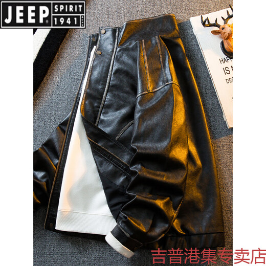 JEEP SPIRIT light luxury American retro aged oil wax motorcycle leather jacket men's autumn Ami khaki tough guy leather hunting jacket black 2XL (171-190Jin Jin equals 0.5 kg)