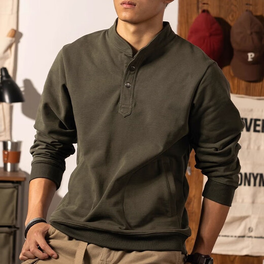 Kazuki Kuraishi KAZUKI KURAISHI trendy brand retro Henley collar sweatshirt men's 2025 autumn and winter Japanese pullover stand collar pure cotton heavyweight long-sleeved Henley shirt black M