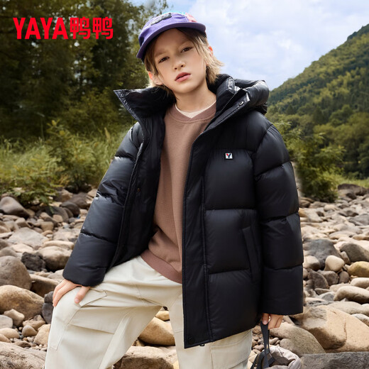 鸭鸭儿童羽绒服2025冬季新款男女童户外连帽面包服厚短款外套FH 黑色 170 cm