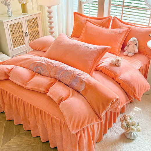 Mercury series home textiles winter plus velvet and thickened milk velvet four-piece set 2024 new double-sided velvet embroidered quilt cover coral velvet bed sheet bloom--Emma Orange bed sheet style 1.5-2.0M four-piece set