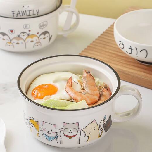 Create a Thousand Gold Instant Noodle Bowl Ceramic Covered Student Dormitory Personal Rice Bowl 2024 New Home Work Create a Thousand Gold 6-inch Instant Noodle Cup Many Cats