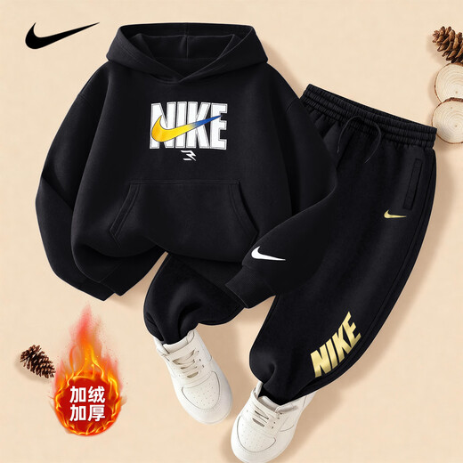 NIKE Nike children's hooded suit plus velvet 2025 new autumn and winter cotton two-piece youth sweatshirt for boys and girls, black 2233, velvet and thickened style, high weight 160/L, recommended height 152-158cm NIKE Nike children's hooded suit plus velvet 2025 new autumn and winter cotton two-piece youth sweatshirt for boys and girls, black 2233, velvet and thickened style, high weight 160/L, recommended height 152-158cm