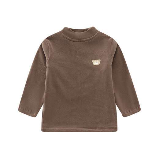 Rabbi children's top with velvet to keep warm for boys and girls, long-sleeved T-shirt, autumn and winter half turtleneck, brown 110