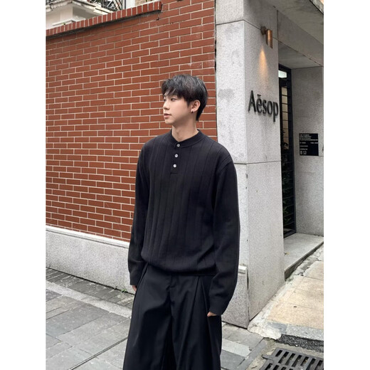Autumn simple pit Henry collar long-sleeved sweater for men and women loose casual versatile sweater trend black XL