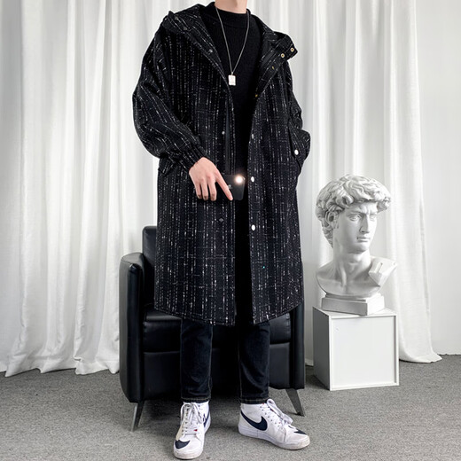 ROMON men's windbreaker mid-length black coat high-end coat business long autumn and winter men's black XL