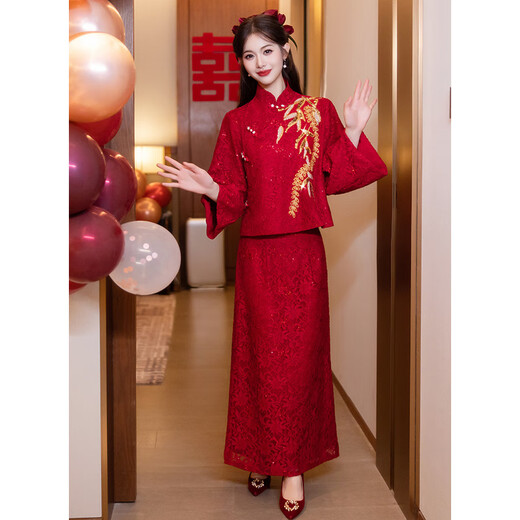 Chuangjingyi Selects New Chinese Style Cheongsam Toast Wear Bride Xiuhe Wear Wine Red Long Sleeve Lace Engagement Dress YL1043 Wine Red 2XL