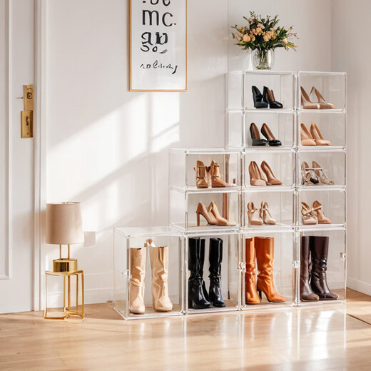 ABDT transparent shoe box drawer folding shoe rack home door dust-proof long boot storage box acrylic shoe cabinet extra large_transparent_with magnetic suction plus 1 layer of partition-can hold 2 pairs of shoes