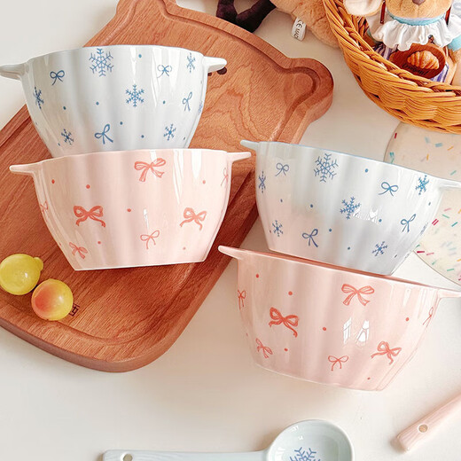 High-looking snowflake bow ceramic double-ear soup bowl yogurt bowl underglaze color household tableware microwave instant noodle bowl Chuxue blue pumpkin double-ear bowl 1 high-temperature underglaze color material