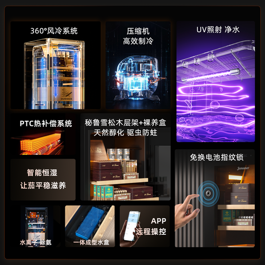 Jemanor cigar cabinet with constant temperature and humidity, pure ammonia wifi, Spanish cedar wood compressor, air-cooling, energy-saving household, small mini smart fingerprint lock, refrigerated eggplant culture, double naked culture box + naked culture basket + 2 box culture racks, 1.22 m 160L bionic eggplant room fingerprint lock + wifi + pure ammonia UV sterilization + whiskey culture eggplant