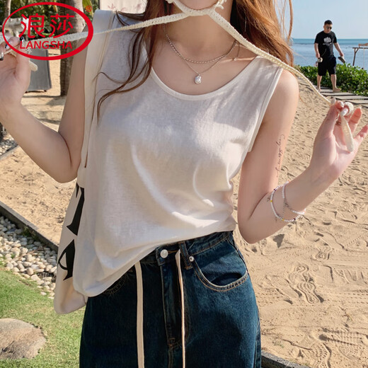 Langsha camisole nouveau style d'été pour femmes vêtements d'extérieur en coton et lin bas lâche haut paresseux larges bretelles T-shirt sans manches à l'intérieur du gilet blanc style L recommandé 115-130Jin Jin équivaut à 0,5 kg