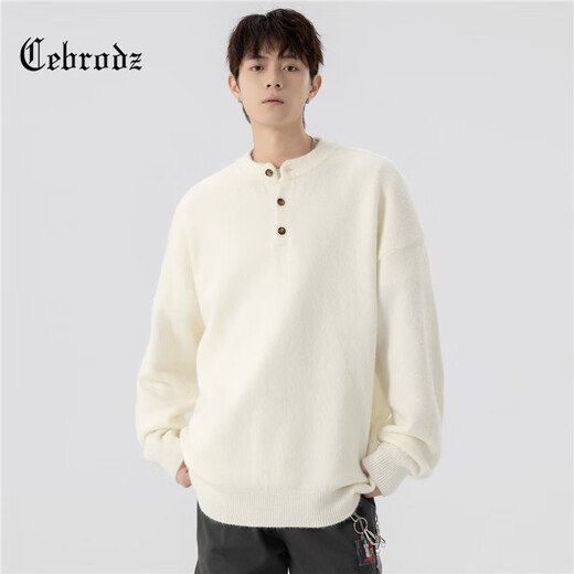 Cebrodz French sweater men's autumn and winter new American sweater coat Henry collar loose long-sleeved casual tops light gray L