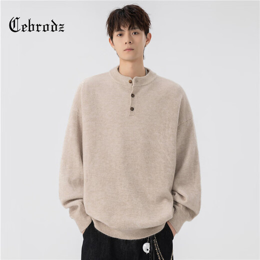 Cebrodz French sweater men's autumn and winter new American sweater coat Henry collar loose long-sleeved casual tops light gray L