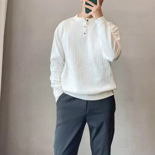Light mature business casual henley collar bottoming sweater men's long-sleeved spring and autumn half-buttoned round neck solid color sweater white M
