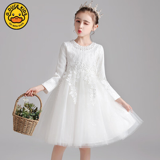 G.duck Spring, Autumn and Winter Girls' White Princess Dress Wedding Dress Children's Long-Sleeved Puff Dress Middle-aged Children's Performance Dress White No Velvet 110 cm Suitable for 100-110cm Age 4-5 Years Old