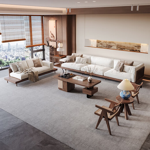 Jigi Song Dynasty Aesthetics North American Black Walnut Solid Wood Sofa New Chinese Style Home Living Room Sofa Coffee Table Set Combination High-End 2.4 Meter Sofa + Imperial Concubine Couch + 1.6 Meter Tea Table + 2 Chandi Chairs