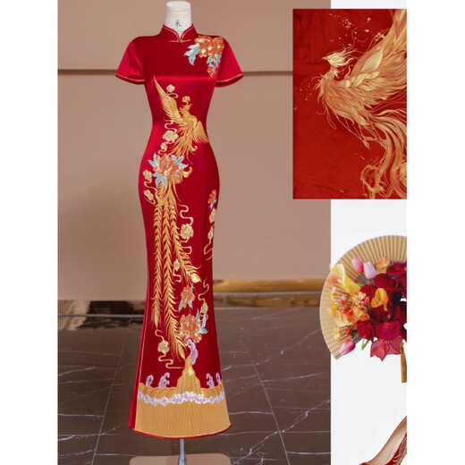 ROAR UTHAUG embroidered cheongsam embroidered and wedding dress 2025 bridal wedding dress Chinese wedding dress walk out of the pavilion toast dress engagement dress red cheongsam with free earrings S