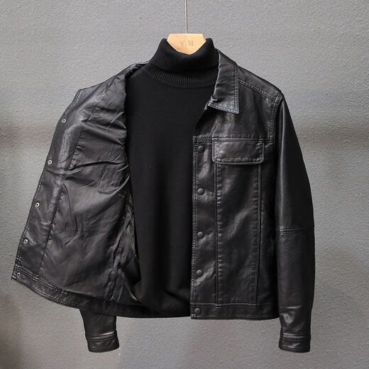 Velvet thickened leather jacket men's autumn and winter new Korean style slim youth lapel casual motorcycle leather jacket men's trendy black without velvet 4XL 4XL recommended size 160-175Jin Jin equals 0.5 kg