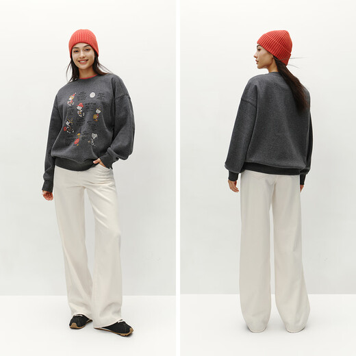 Semir Snoopy series sweatshirt for women winter mid-length plus velvet oversize pattern design retro clothes gray tone 00322 M