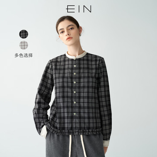 EIN PURE retro college style pattern contrast material stand collar fungus hem long-sleeved shirt 2025 autumn new style off-white M