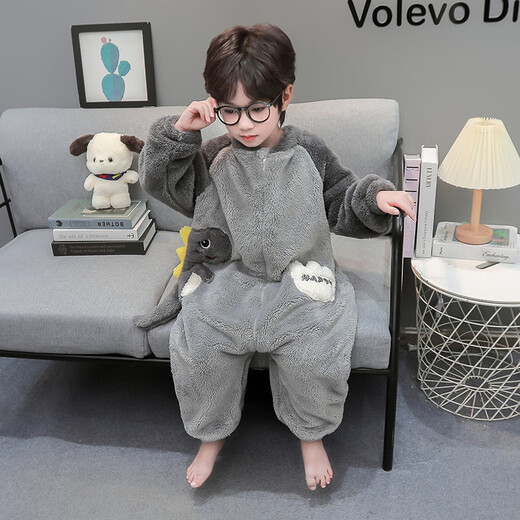Disney children's one-piece pajamas autumn and winter flannel plus velvet thickened baby sleeping bag boys winter coral velvet home clothes gray 130 cm