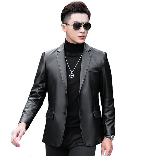 Galedi leather suit men's autumn new sheepskin jacket slim thin small suit business Haining leather jacket trendy black S 16546