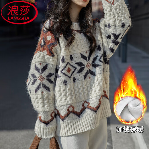 Langsha sweater women's new winter 2025 loose thickened pullover sweater Fair Isle high-end casual top