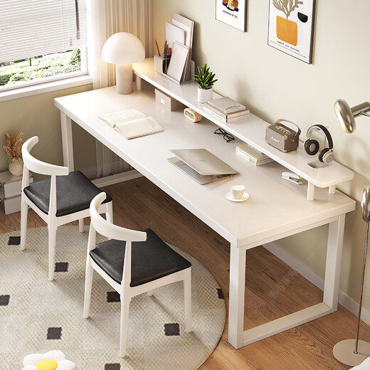 Huixun pure solid wood double desk with bookshelf simple computer desk home desk wall workbench long large table walnut #desk + C bookshelf 100cm*60cm*75cm