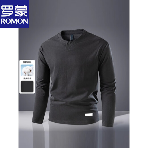 Luo Meng's new 2025 spring and autumn new four-button Henry collar men's long-sleeved T-shirt business top bottoming shirt versatile dark gray XL 180/96A