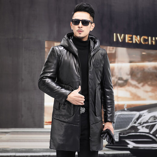 Matchstick Haining Leather Jacket Men's Sheepskin Mid-Length Casual Youth Hooded Leather Jacket Men's Trendy Jacket Winter Black M