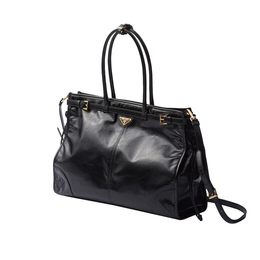 PRADA Women's Black Calfskin Metal Triangle Logo Large Handbag 1BA439_2CYR_F0002_V_OOO 1BA439_2CYR_F0002_V_OOO