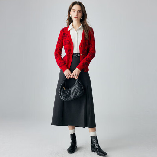 PALUOPO Romantic Rose Autumn and Winter New Cashmere Sweater Women's Knitted Cardigan Warm Sweater Outerwear ET2F8125R Big Red Gold S 155/95