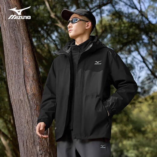 Mizuno outdoor jacket men's three-in-one jacket windproof two-piece warm mountaineering sportswear black M