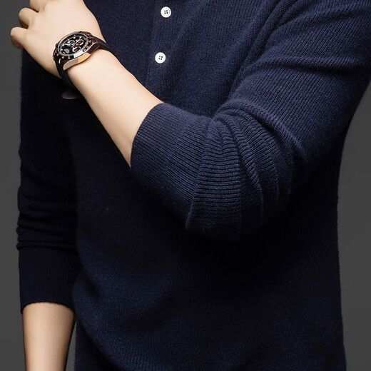 MELLEN 100% pure cashmere sweater Henry collar thickened sweater for men in winter round neck trendy casual warm knitted bottoming shirt navy blue S (165)