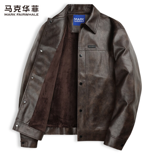 Mark Huafei American functional retro leather jacket men's 2025 autumn new windproof pu lapel jacket 1511 brown plus velvet M 170