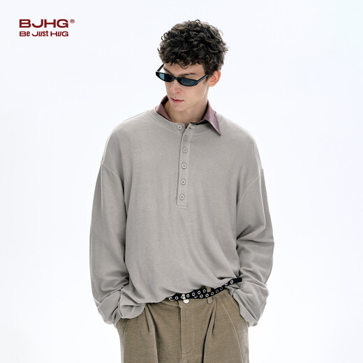 BJHG reckless henley collar polo shirt men's long-sleeved T-shirt 2025 new fashion brand autumn casual sweater for women mica gray 2XL